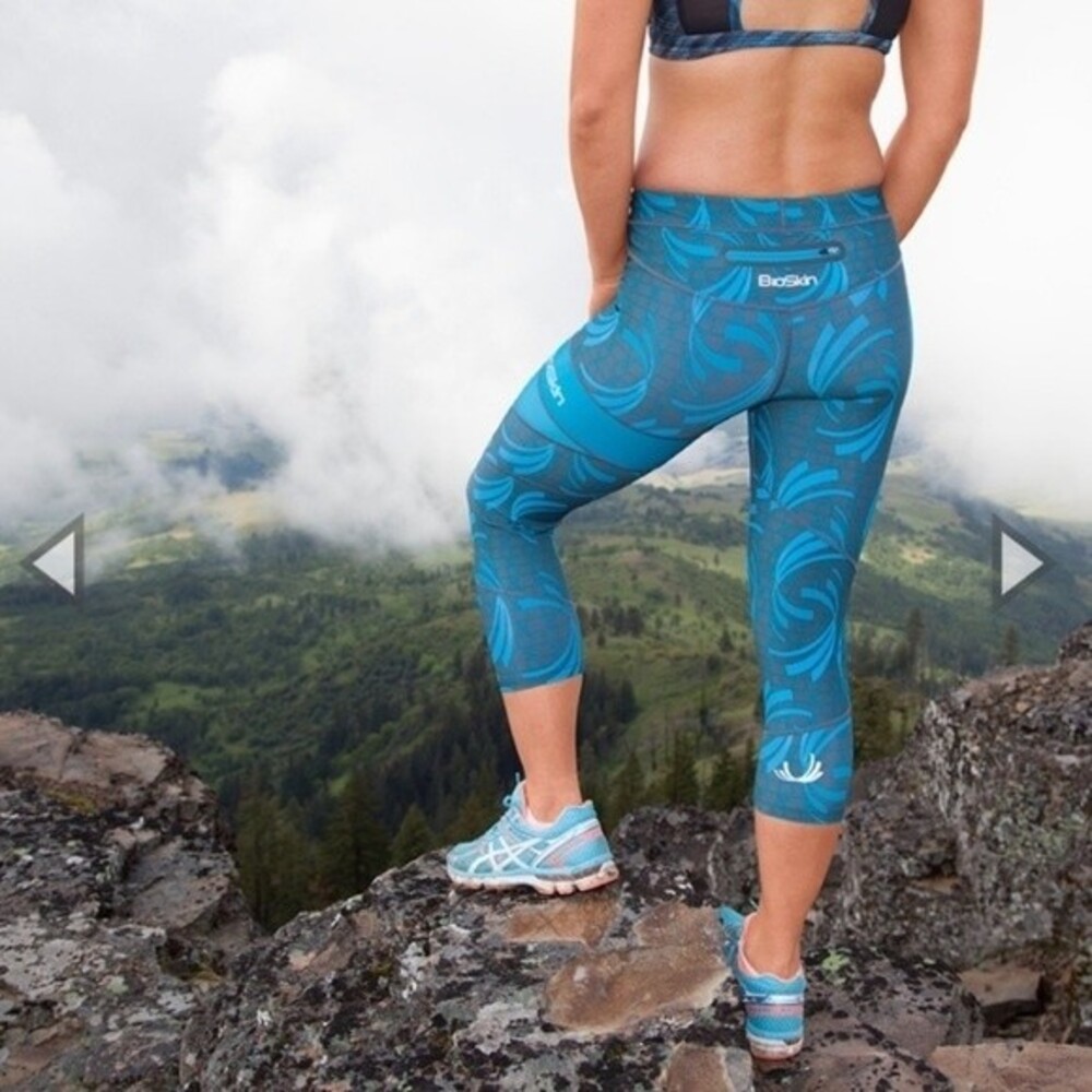 BioSkin Running Compression Capris Leggings with Phone Pocket Blue S
